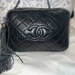 Vintage Chanel Black Leather Camera Bag Gold Hardware Tassel